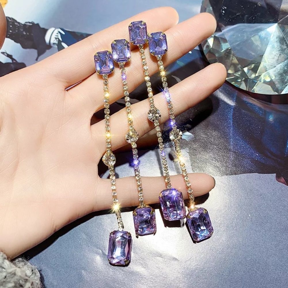 Purple Square Crystal Tassel Drop earrings